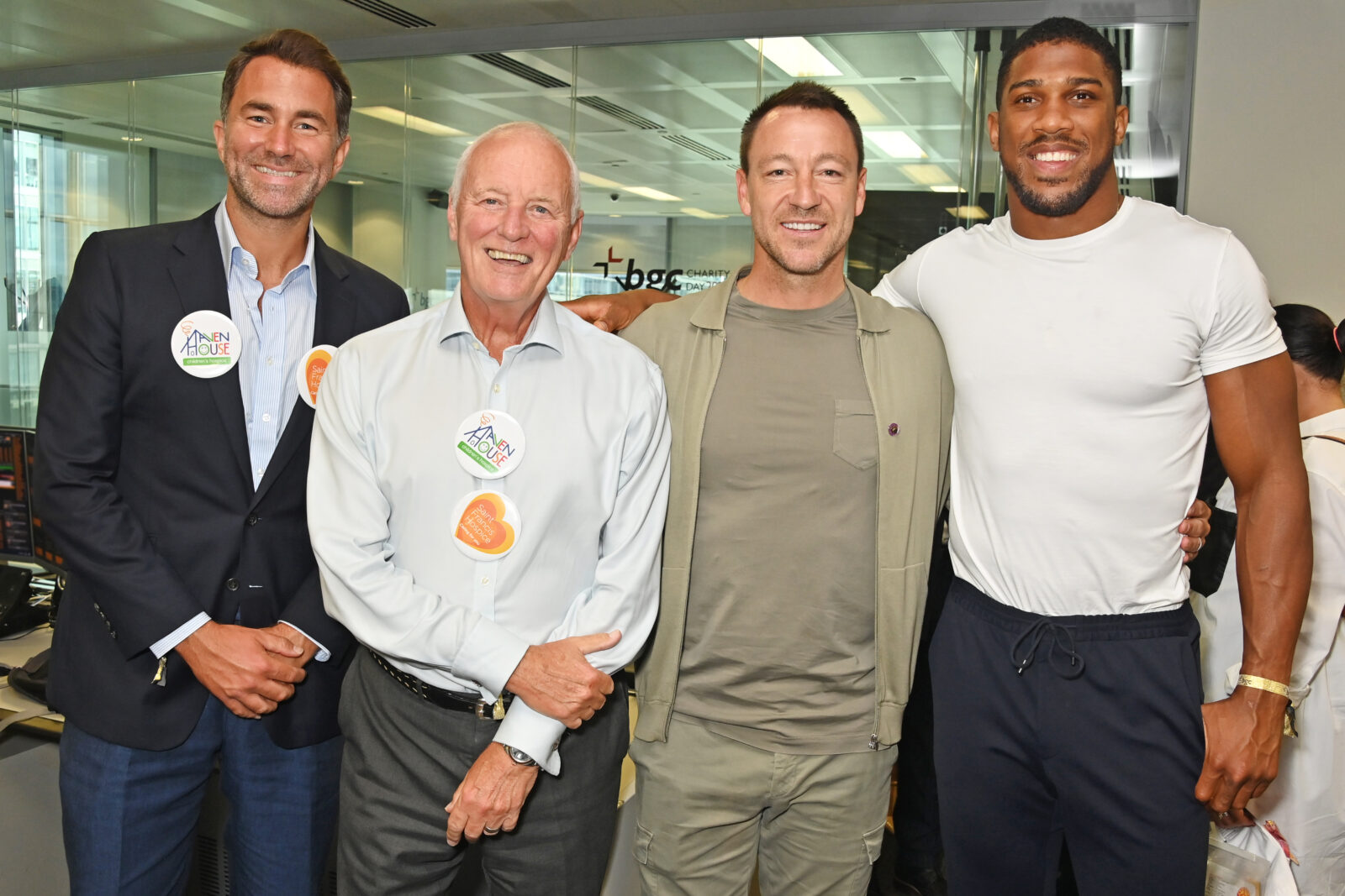 LONDON, ENGLAND - SEPTEMBER 11: (L to R) Eddie Hearn, Barry Hearn, John Terry and Anthony Joshua attend the BGC Group Charity Day on behalf of Haven House Children's Hospice & Saint Francis Hospice and Oasis UK, raising millions for good causes in memory of BGC's colleagues lost on 9/11, on September 11, 2023 in London, England. Pic Credit: Dave Benett