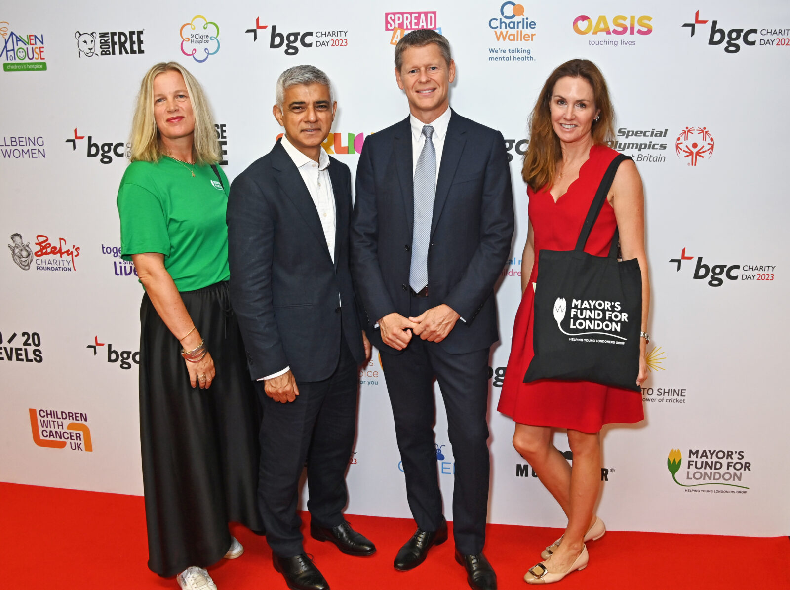 LONDON, ENGLAND - SEPTEMBER 11: (L to R) Gill Goodby, Mayor of London Sadiq Khan, Chief Operating Officer at BGC Partners Sean Windeatt and Louise Richmond attend the BGC Group Charity Day on behalf of the Mayor's Fund For London, raising millions for good causes in memory of BGC's colleagues lost on 9/11, on September 11, 2023 in London, England.. Pic Credit: Dave Benett